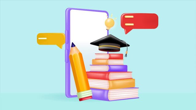 Online learning class on mobile phone, with 3d vector element animation of pile of books and pencils coming out of smartphone, text balloons, lamp and graduation hat. Perfect for online schools