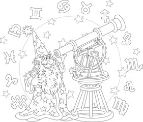 Wizard astrologer and astronomer with a big white beard watching stars and planets in the night sky with an old telescope surrounded by Zodiac signs, outline vector cartoon illustration