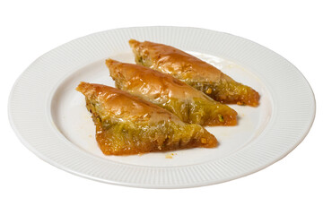 Sobiyet baklava isolated on white background. Turkish cuisine delicacies. Turkish baklava. close up
