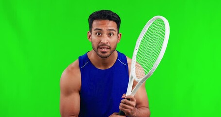 Fitness, green screen and portrait of man with tennis racket ready for game, training match or competition. Focus, goals and excited player with sports mindset, smile on face and motivation to win.