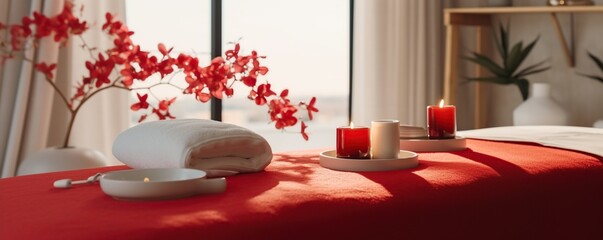 Towels, flowers on a massage table in a modern spa salon. A place to relax