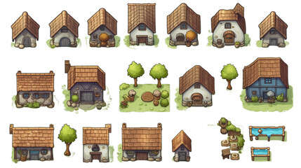 Village buildings 2d rpg style view on transparent background (PNG) - obrazy, fototapety, plakaty