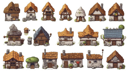 Village buildings 2d rpg style view on transparent background (PNG)