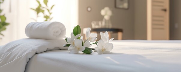 Towels, flowers on a massage table in a modern spa salon. A place to relax