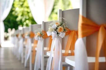 Wedding chairs with white ribbons <br>bouquets. Concept motif for weddings and wedding planners. - obrazy, fototapety, plakaty