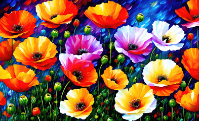 Abstract flowers background, red poppies flowers pattern illustration. Generative AI.