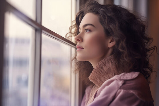 Close up of a young woman contemplating a winter scene from her window. Generative AI
