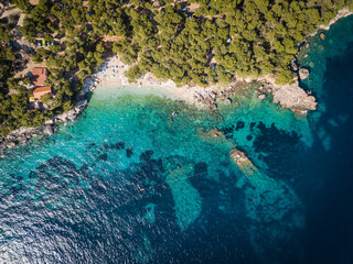 Drone shots of beautiful blue water on Hvar Island in Croatia