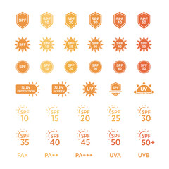 Set of UV Protection Related Vector Line Icons. Set of simple flat SPF sun protection icons for sunscreen packaging. UV protection for skin. Icons for sunscreen products or other skin cosmetics