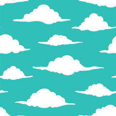 Fototapeta na wymiar Summer blue sky with white clouds doodle seamless pattern. CMYK color mode ready to print.