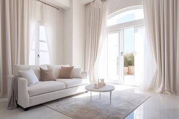 Aesthetic composition of living room interior with mock up poster frame, modular sofa, wooden coffee table, vase with dried flowers, pillows, armchair and personal accessories. Generative AI