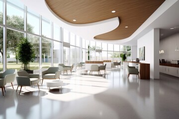 Empty lobby counter section in hospital healthcare background with clean and clear interior design