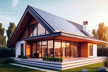 Solar photovoltaic panels on a house roof Generative AI - obrazy, fototapety, plakaty