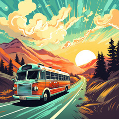 bus car illustration in retro style