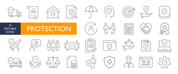 Obraz na płótnie Canvas Protection icons, insurance icons, Insurance elements - minimal thin line web icon set. Outline icons collection. Simple vector illustration., protection, protect 32 icons set, bundle icons of protect