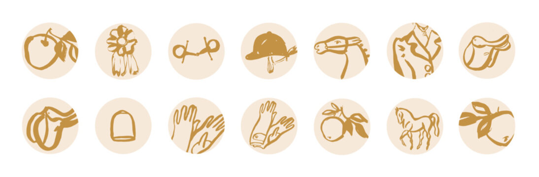 Equine theme highlight covers, social media icons related to horse riding, brush stroke outline illustration, hand drawn equestrian art