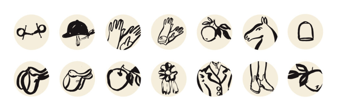 Equine theme highlight covers, social media icons related to horse riding, brush stroke outline illustration, hand drawn equestrian art