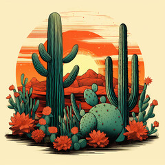 cactus tree illustration in retro style