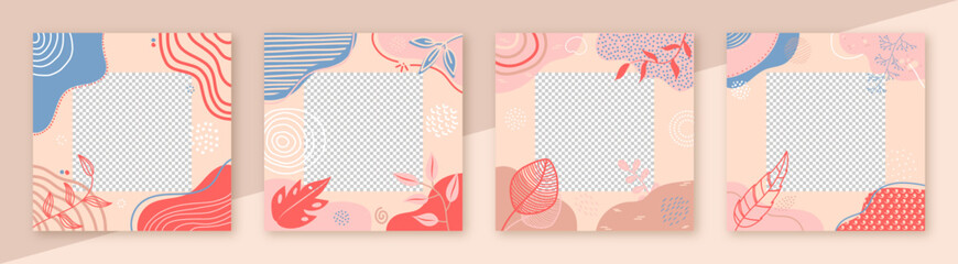 Fototapeta premium Modern Abstract Floral Social Media Post Template Collection. Set of 4 Trendy Editable Graphic Square Frames. Branding, Promotion, Marketing and Advertisement Vector Illustration. Social Network Story