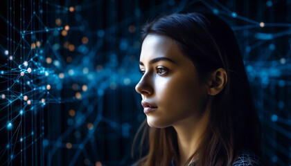 Beautiful girl looking at wave of big data and information technology. AI generative