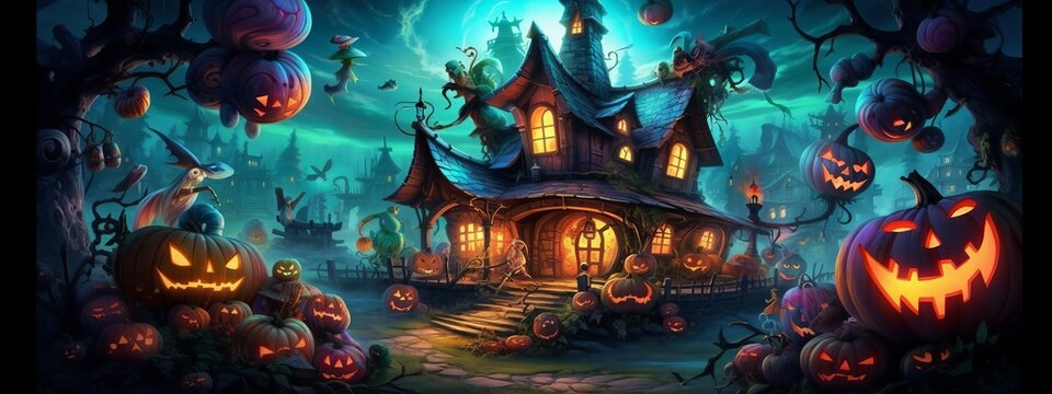Halloween banner with house and pumpkins in dark forest