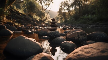 Fototapeta premium Lomilomi stones on back, outside by a forest river. Created with Generative AI Technology