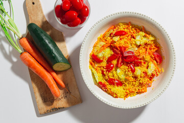 Top view of cous cous with fresh vegetables, cherry tomatoes, cucumber and carrots over a white background