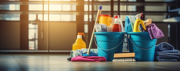 purifier. Buckets and cleaning equipment installed in the office. janitor cleaning service.