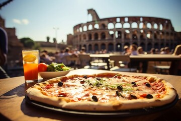 Plakat Enjoy a delicious pizza while standing in the shadow of the imposing Colosseum in Rome.
