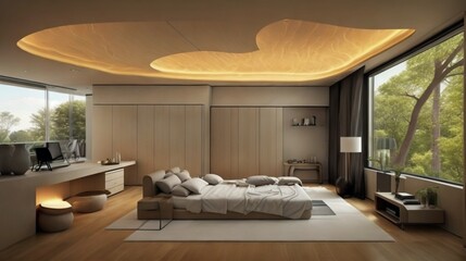 Multi bed bedroom interior design of a Modern House in an all-glass wall overlooking outside the city. High quality illustration. High ceiling, high glass window mid-century house.