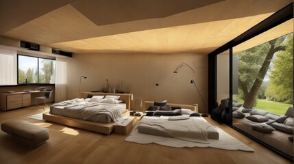 Multi bed bedroom interior design of a Modern House in an all-glass wall overlooking outside the city. High quality illustration. High ceiling, high glass window mid-century house.
