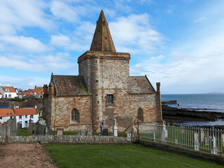 A view of the ancient church overlooking the Firth of Forth at St Monans, Fife Scotland, UK.