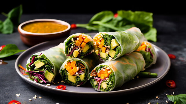 Generative AI image of mouthwatering avocado veggies spring rolls, served with a tantalizingly sweet Thai mango sauce—perfect for a fresh and flavorful delight