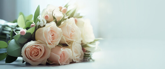 A beautiful wedding bouquet on a delicate background, copy space. Generative AI