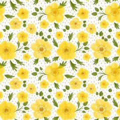 Yellow flower seamless pattern. Summer daisy and buttercup repeat print. Cottagecore textile design. Hand drawn wildflowers on polka dot white background. Floral design for wedding, fabric, paper.