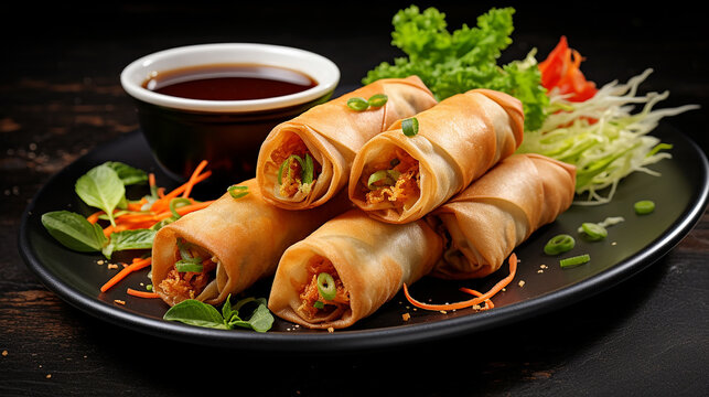 Generative AI image of crispy deep-fried Spring Rolls, featuring a golden brown exterior that encases a delicious filling of vegetables, meats, and aromatic spices—a delightful appetizer