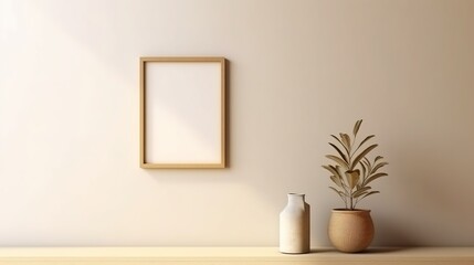 simple minimalist frame on wall, beige colour tone copy space generative ai