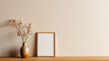 simple minimalist frame on wall, beige colour tone copy space generative ai