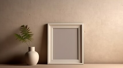 simple minimalist frame on wall, beige colour tone copy space generative ai