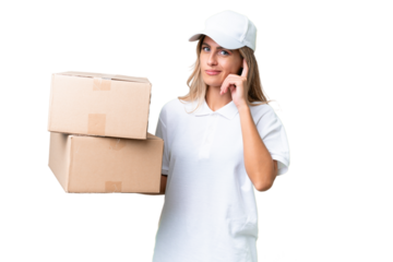 Delivery Uruguayan woman over isolated background having doubts