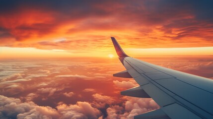 Obraz premium Close-Up View of an Airplane Soaring Against the Mesmerizing Canvas of a Sunset-Infused Cloudy Sky.