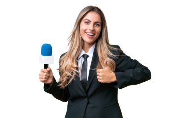 Young pretty Uruguayan tv presenter over isolated background giving a thumbs up gesture