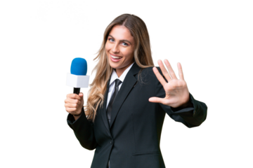 Young pretty Uruguayan tv presenter over isolated background counting five with fingers
