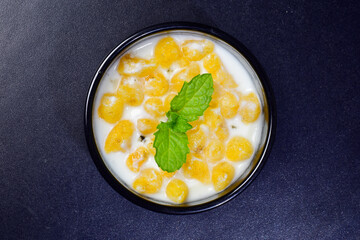 Top view of raita in katori, indian food boondi raita