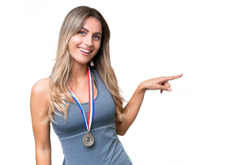 Young pretty sport Uruguayan woman with medals over isolated background pointing finger to the side