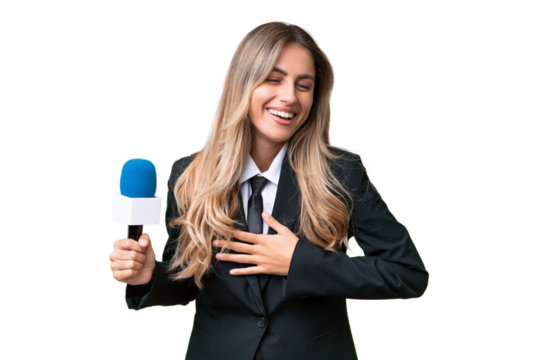 Young pretty Uruguayan tv presenter over isolated background smiling a lot