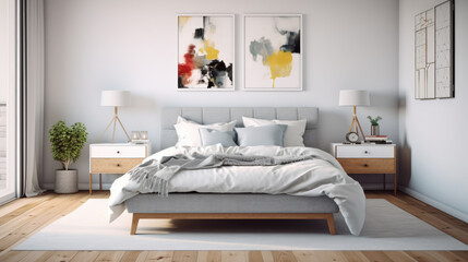 Generative ai illustration of a scandinavian minimalist bedroom with frame on wall