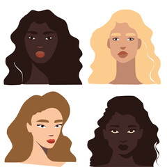 Beautiful different Women head portrait isolated. Modern feminist vector illustration. EmbraceEquity The concept of equality, international womens, inclusive. illustration with women
