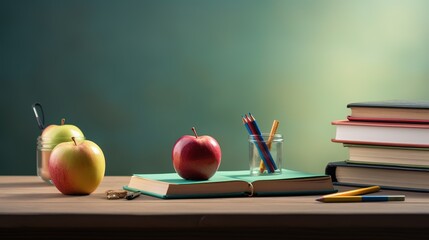 desk with writing materials, a book and an apple in organized room generative ai