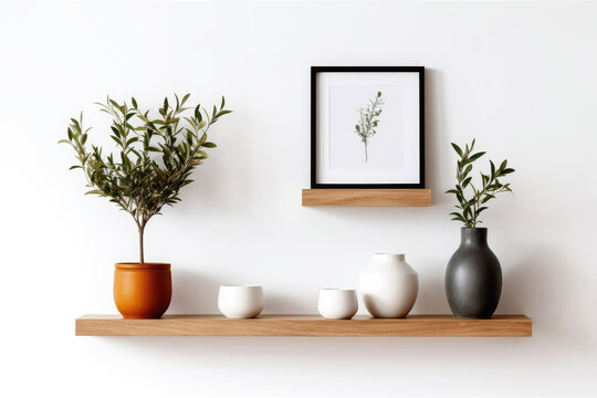Generative ai illustration of blank wooden frame on floating shelves against white wall